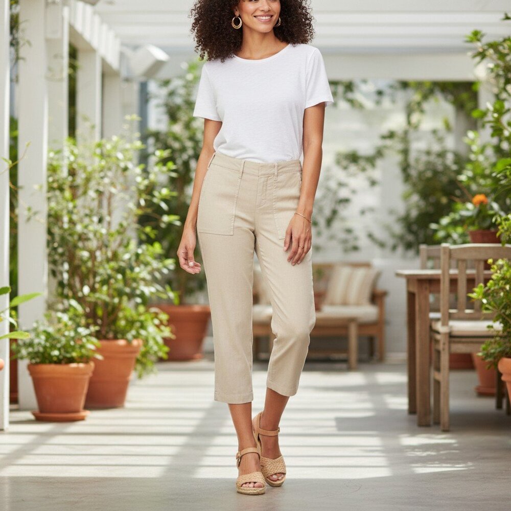 NYDJ Linen Blend Utility Pants 4 Feather Cropped Cargo Ankle Capri - Picture 14 of 14